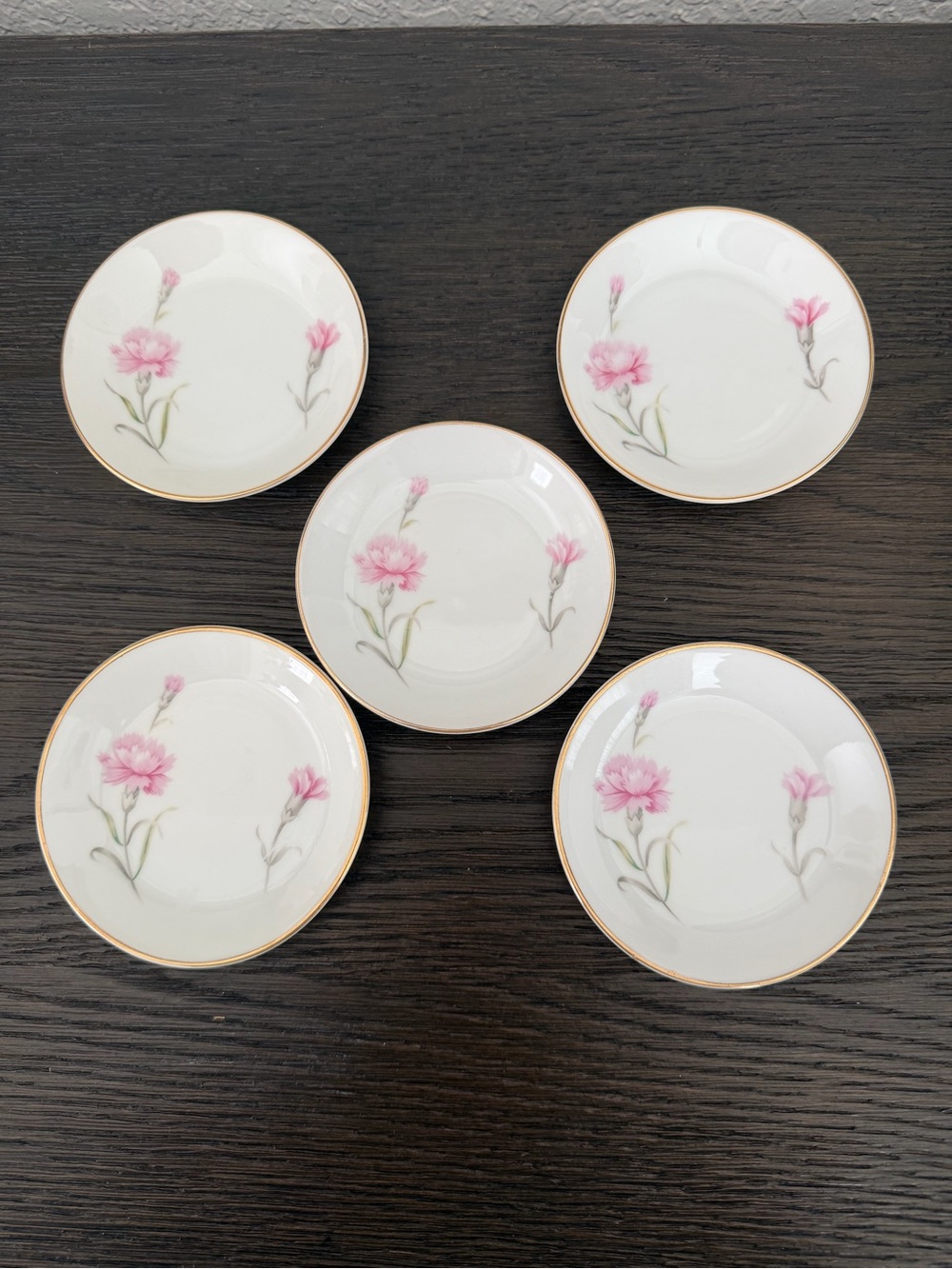 Royal Court Pink Carnation butterpat Plates with Pink Floral Motif and Gold Rim